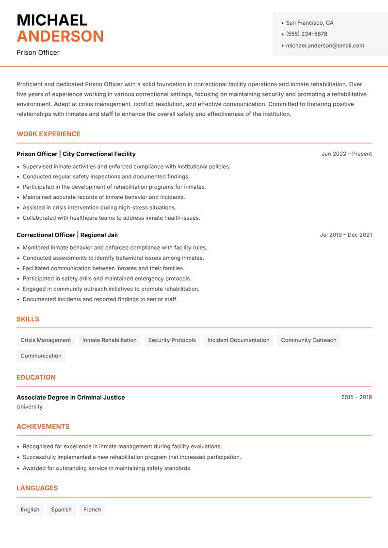 Prison Officer resume template — Modern Professional