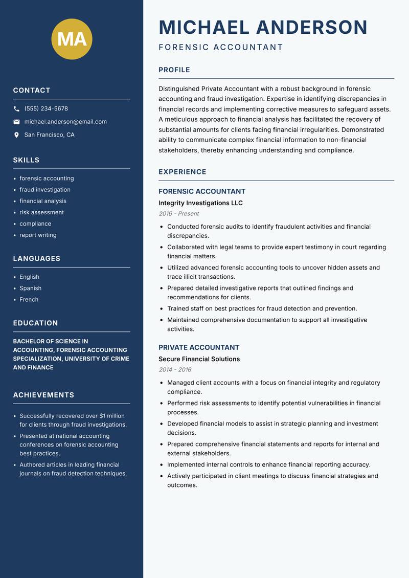 Private Accountant resume template — Classic Clean