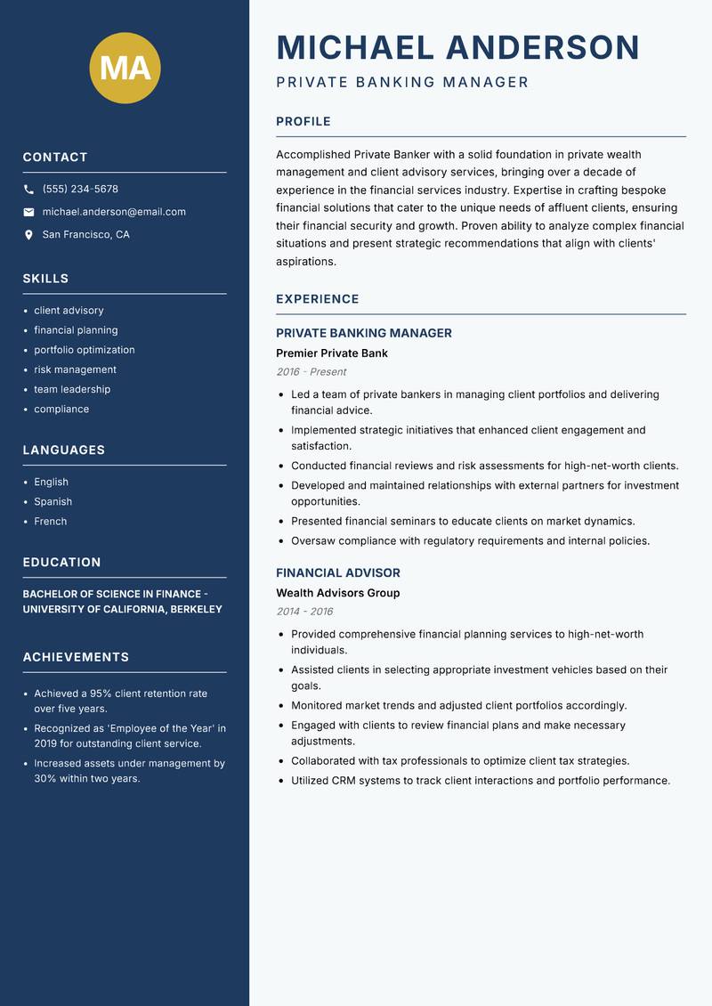 Private Banker resume template — Classic Clean