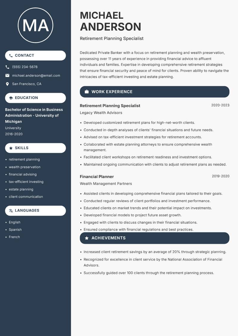 Private Banker resume template — Compact