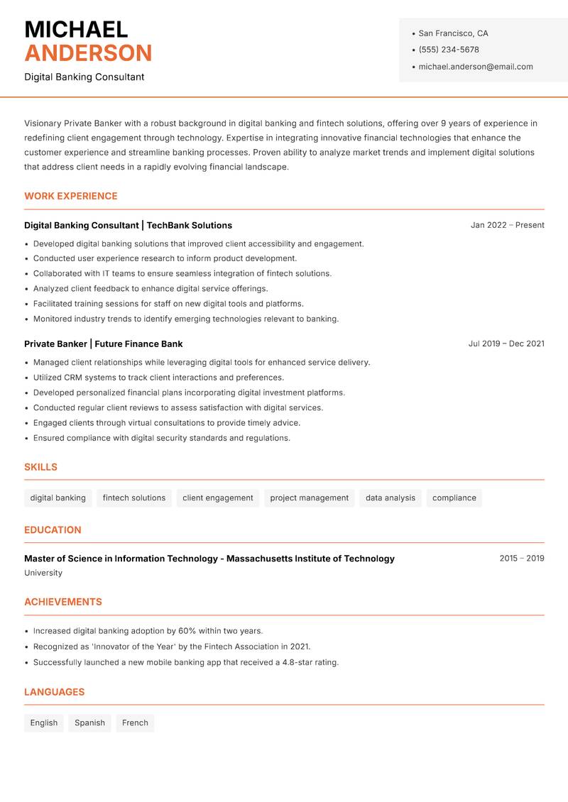Private Banker resume template — Modern Professional