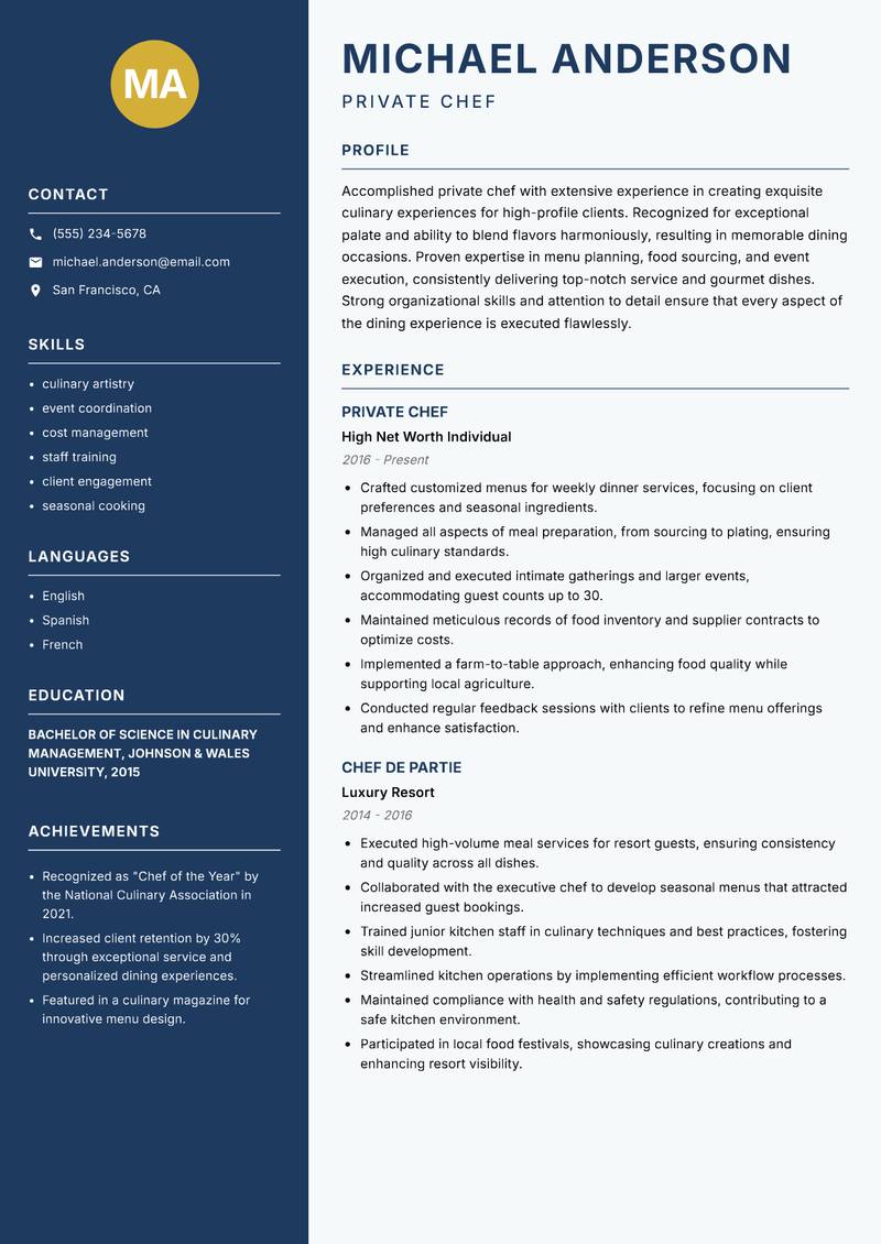 Private Chef resume template — Classic Clean