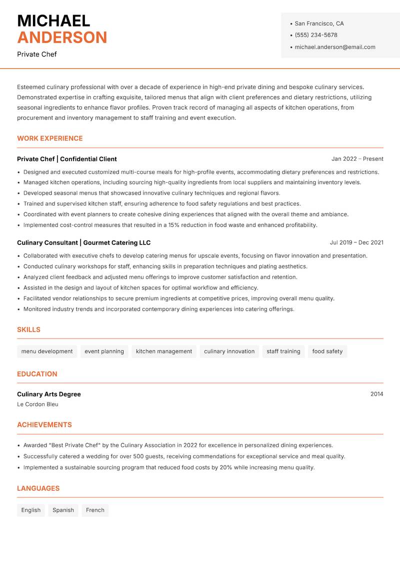 Private Chef resume template — Modern Professional
