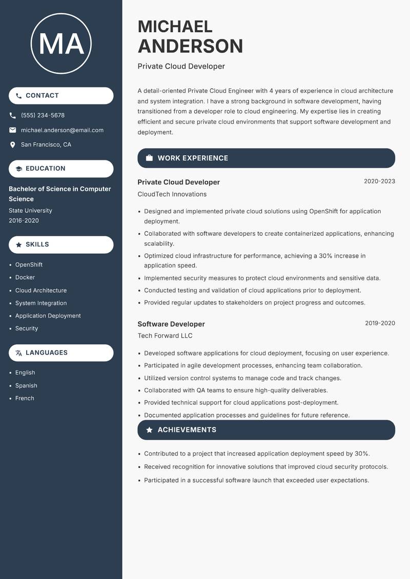 Private Cloud Engineer resume template — Compact