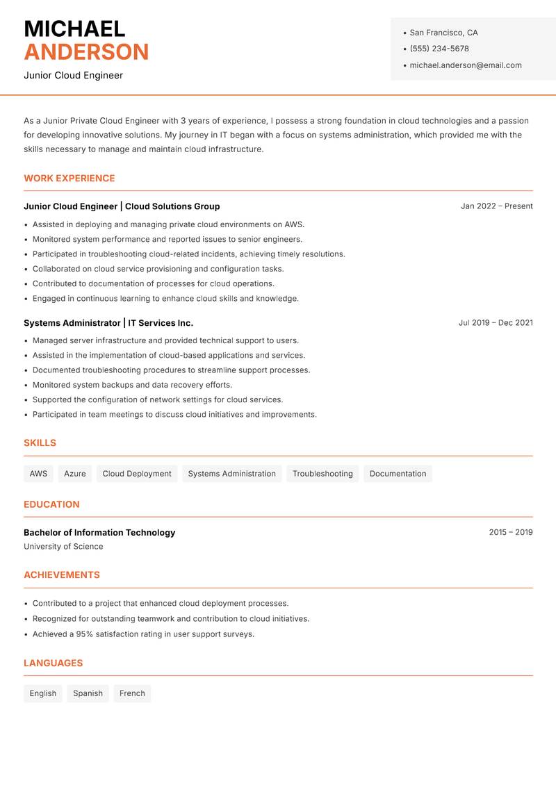 Private Cloud Engineer resume template — Modern Professional