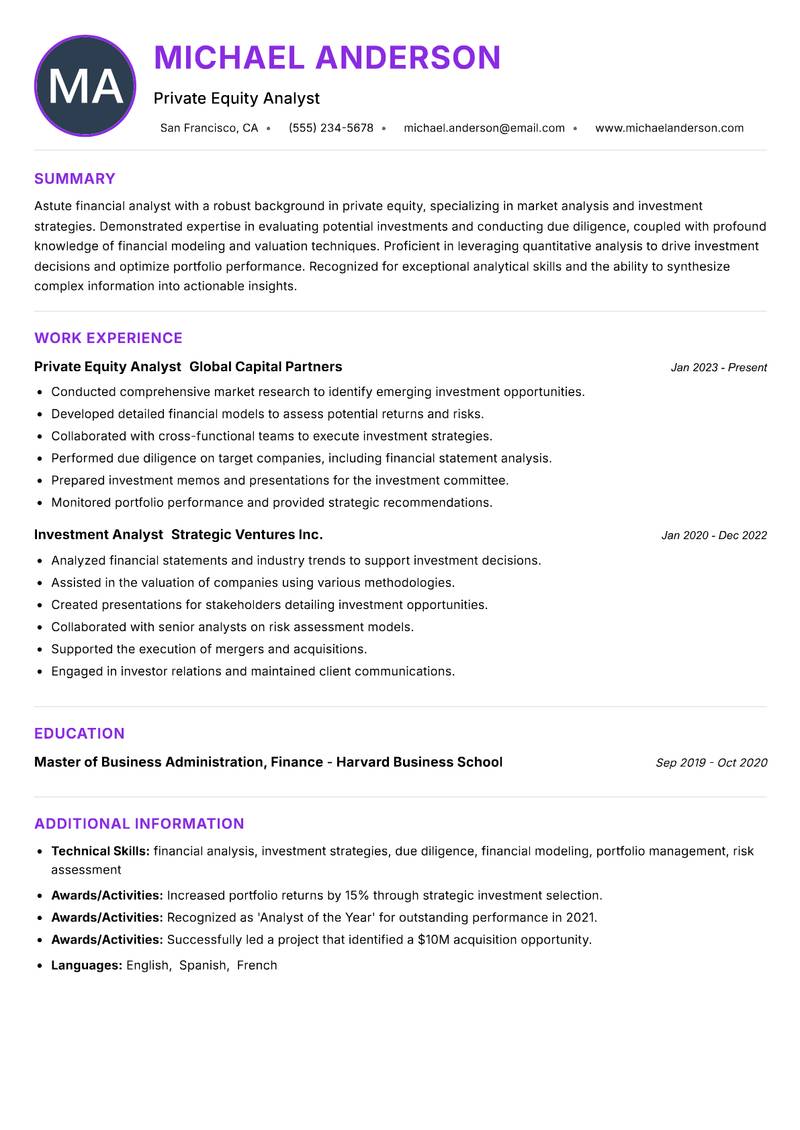 Private Equity Analyst resume example — ATS-friendly template
