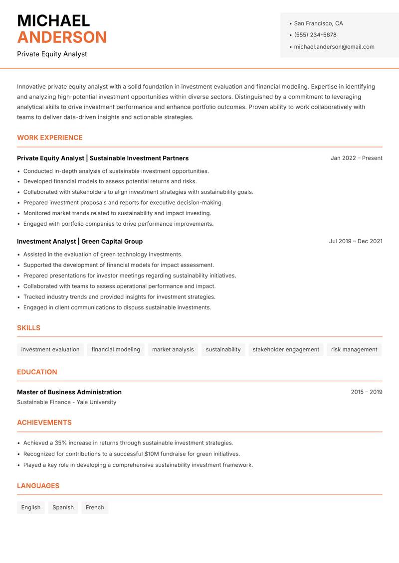 Private Equity Analyst resume template — Modern Professional