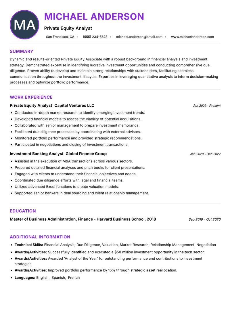 Private Equity Associate resume example — ATS-friendly template