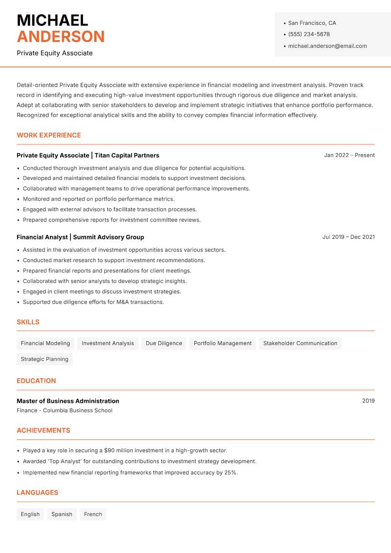 Private Equity Associate resume template — Modern Professional