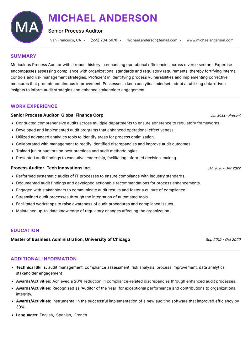 Process Auditor resume example — ATS-friendly template