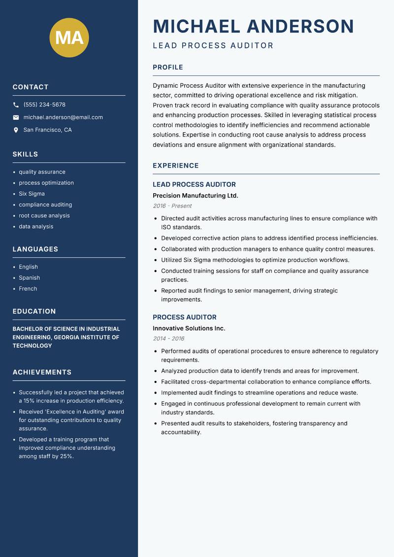 Process Auditor resume template — Classic Clean