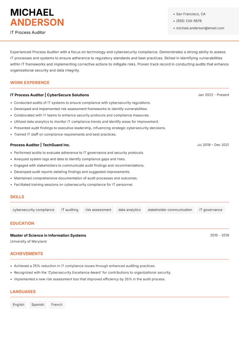 Process Auditor resume template — Modern Professional