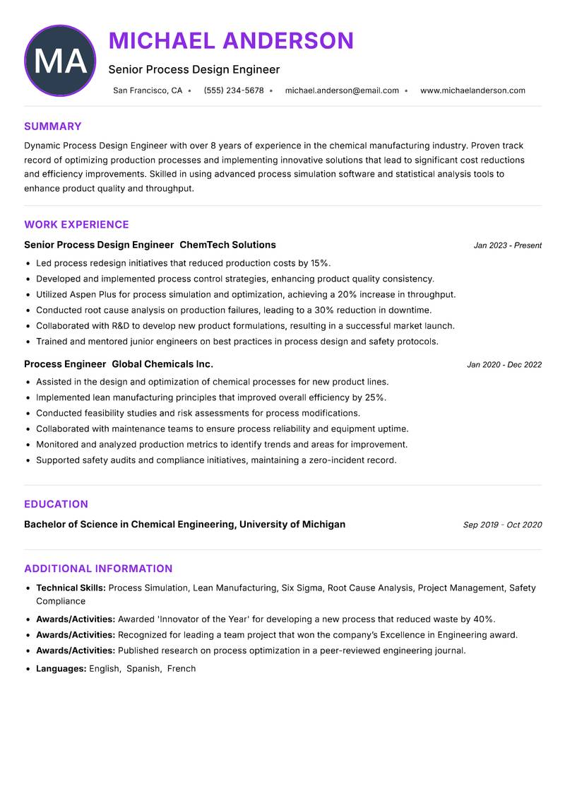 Process Design Engineer resume example — ATS-friendly template