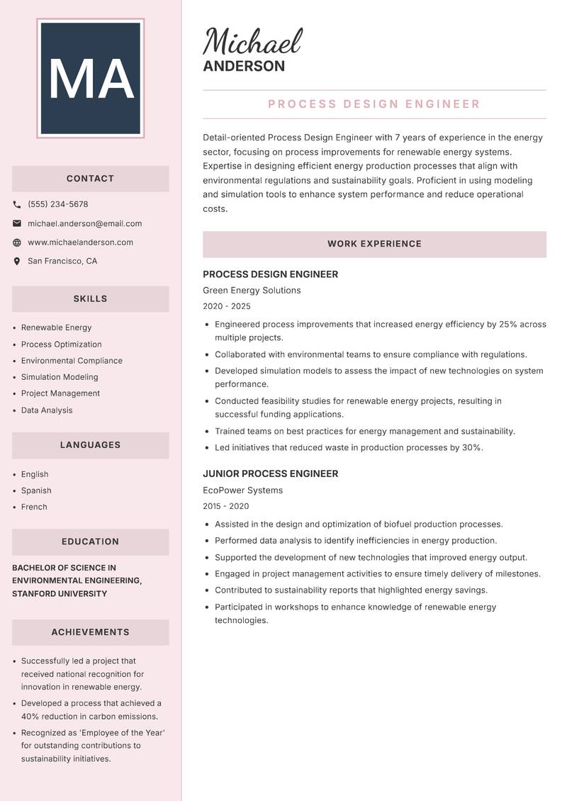Process Design Engineer resume template — Executive