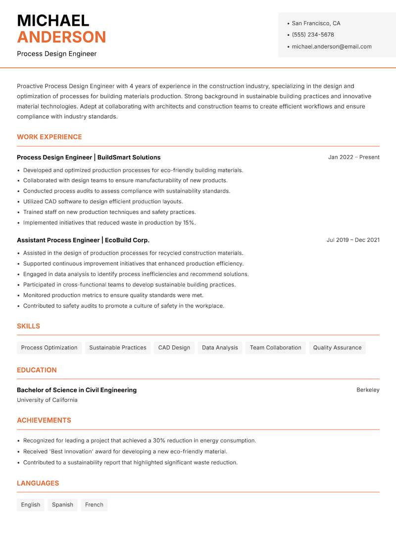 Process Design Engineer resume template — Modern Professional