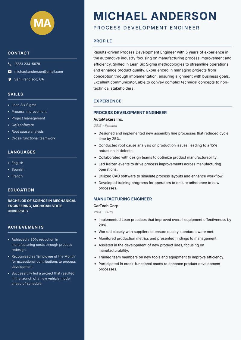 Process Development Engineer resume template — Classic Clean