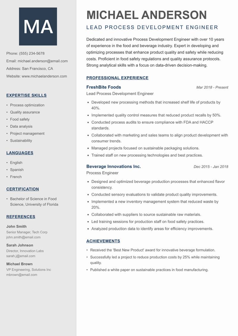 Process Development Engineer resume template — Creative Minimal