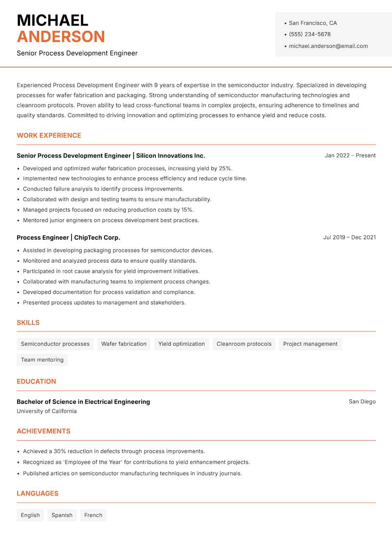 Process Development Engineer resume template — Modern Professional