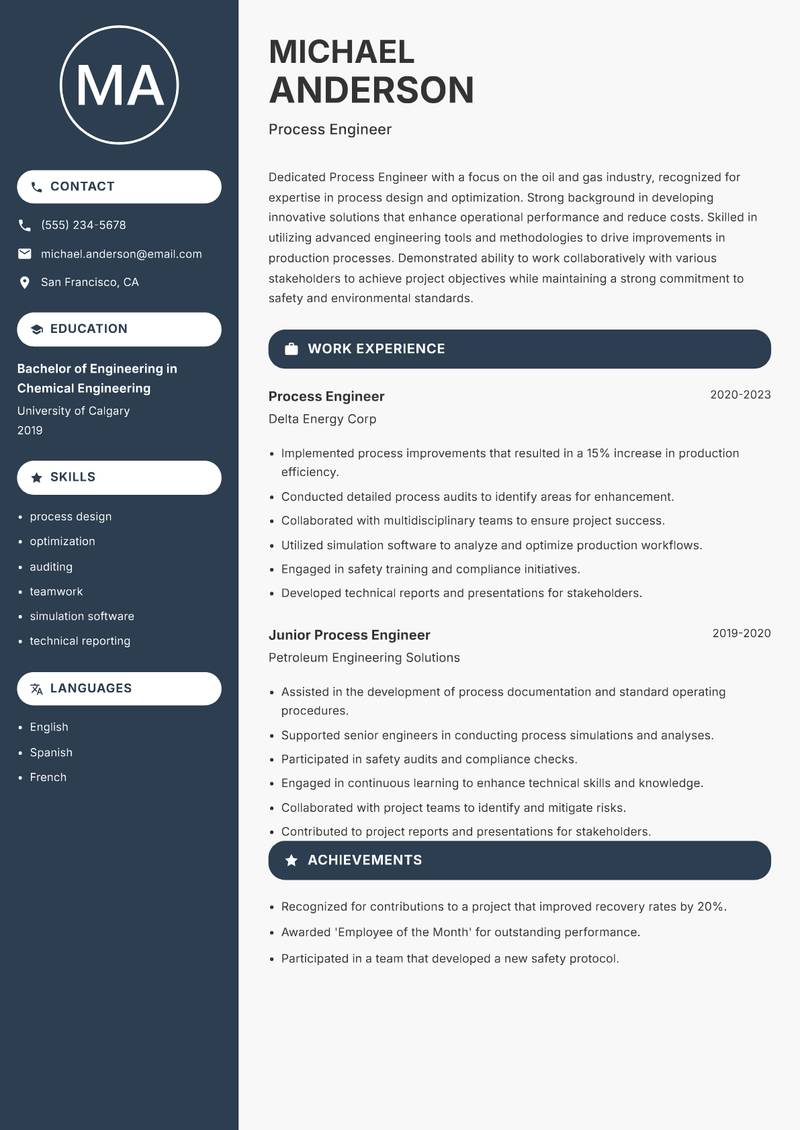 Process Engineer Oil Gas resume template — Compact