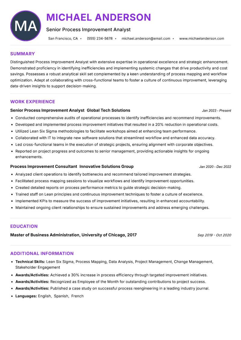 Process Improvement Analyst resume example — ATS-friendly template