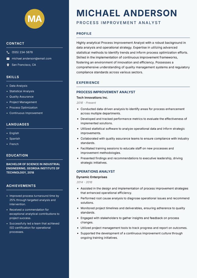 Process Improvement Analyst resume template — Classic Clean