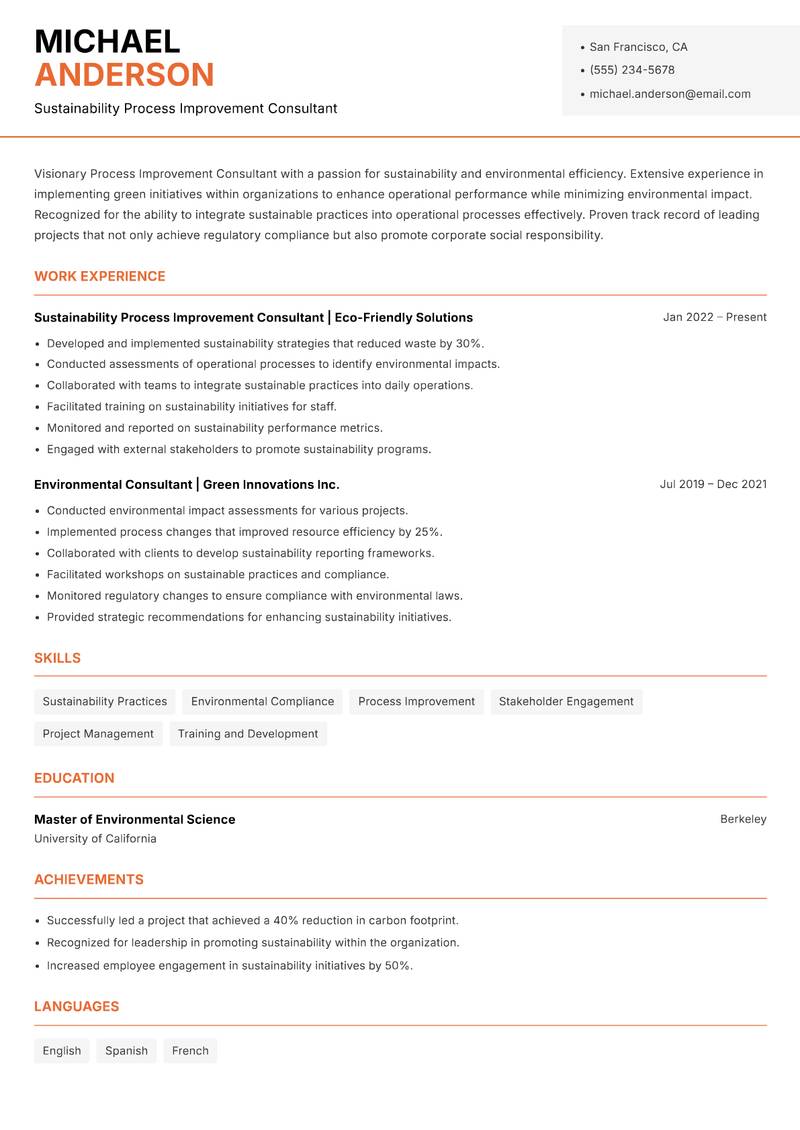 Process Improvement Consultant resume template — Modern Professional