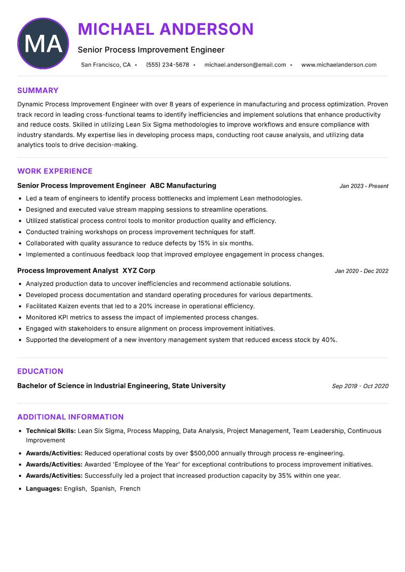 Process Improvement Engineer resume example — ATS-friendly template