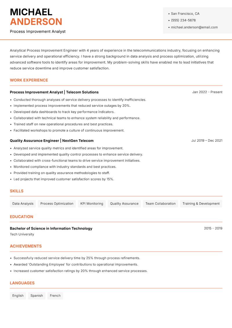 Process Improvement Engineer resume template — Modern Professional