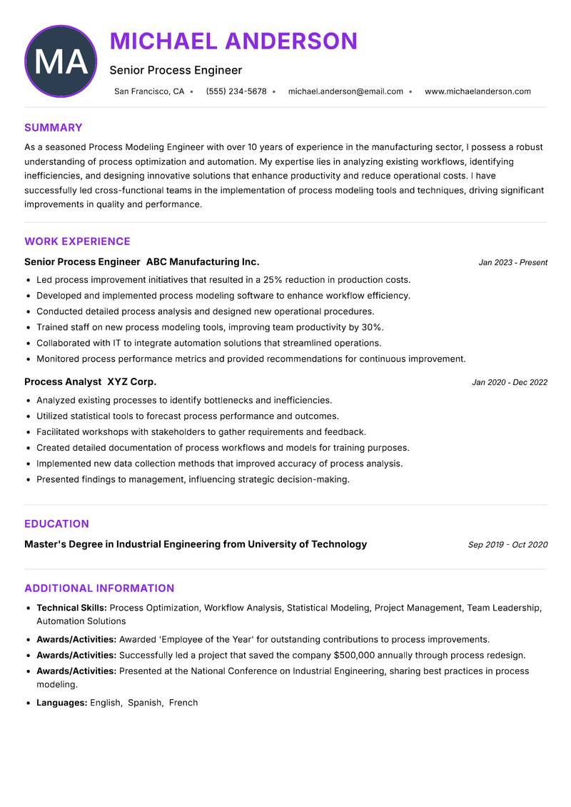 Process Modeling Engineer resume example — ATS-friendly template