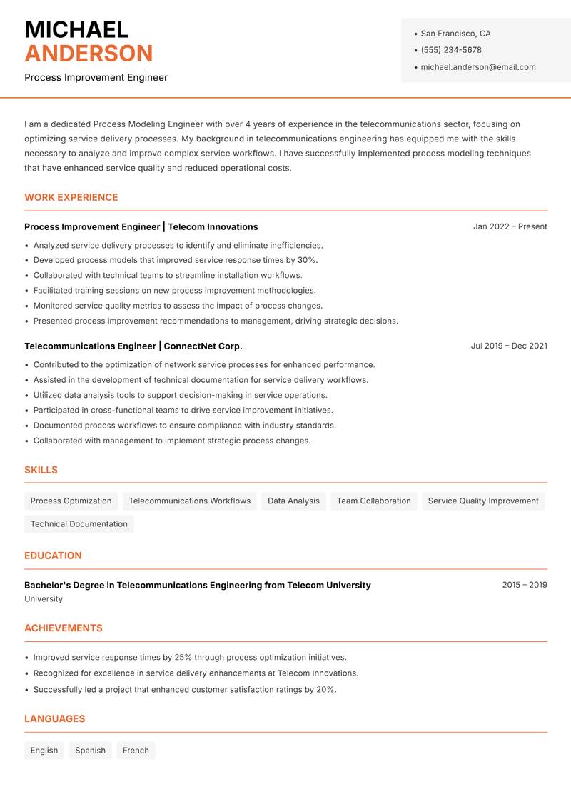 Process Modeling Engineer resume template — Modern Professional