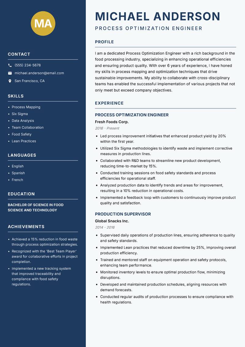 Process Optimization Engineer resume template — Classic Clean