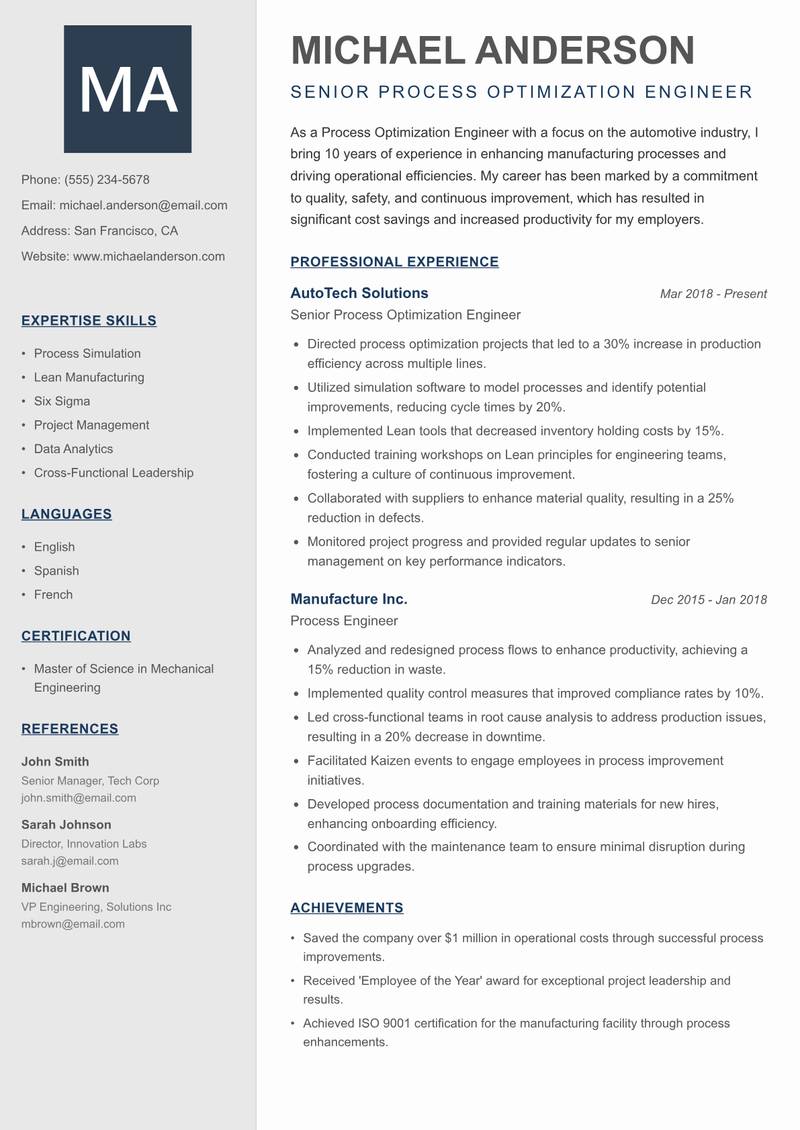 Process Optimization Engineer resume template — Creative Minimal