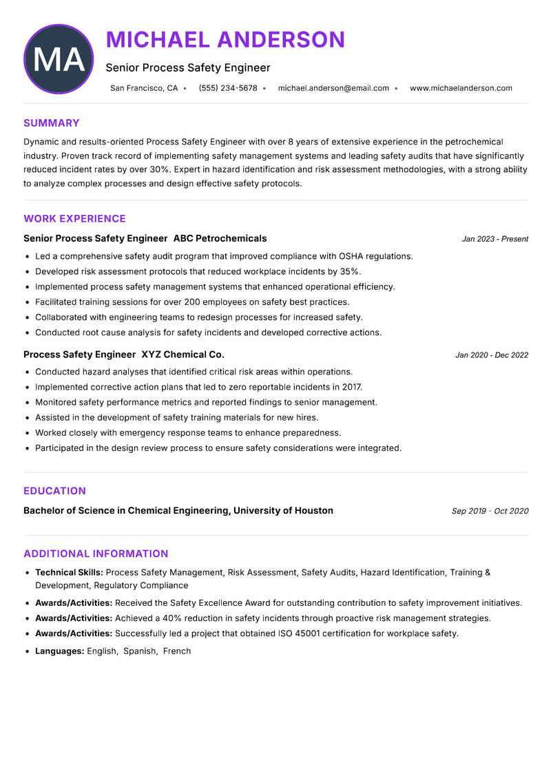 Process Safety Engineer resume example — ATS-friendly template