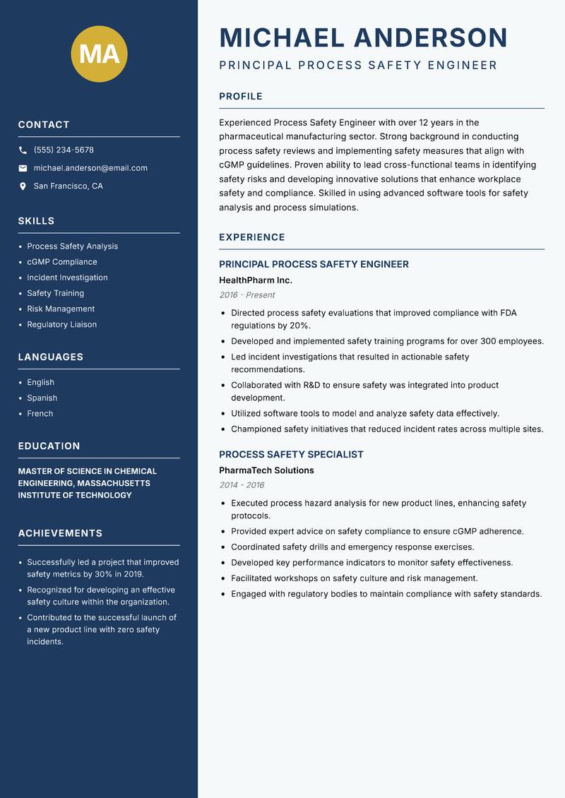 Process Safety Engineer resume template — Classic Clean