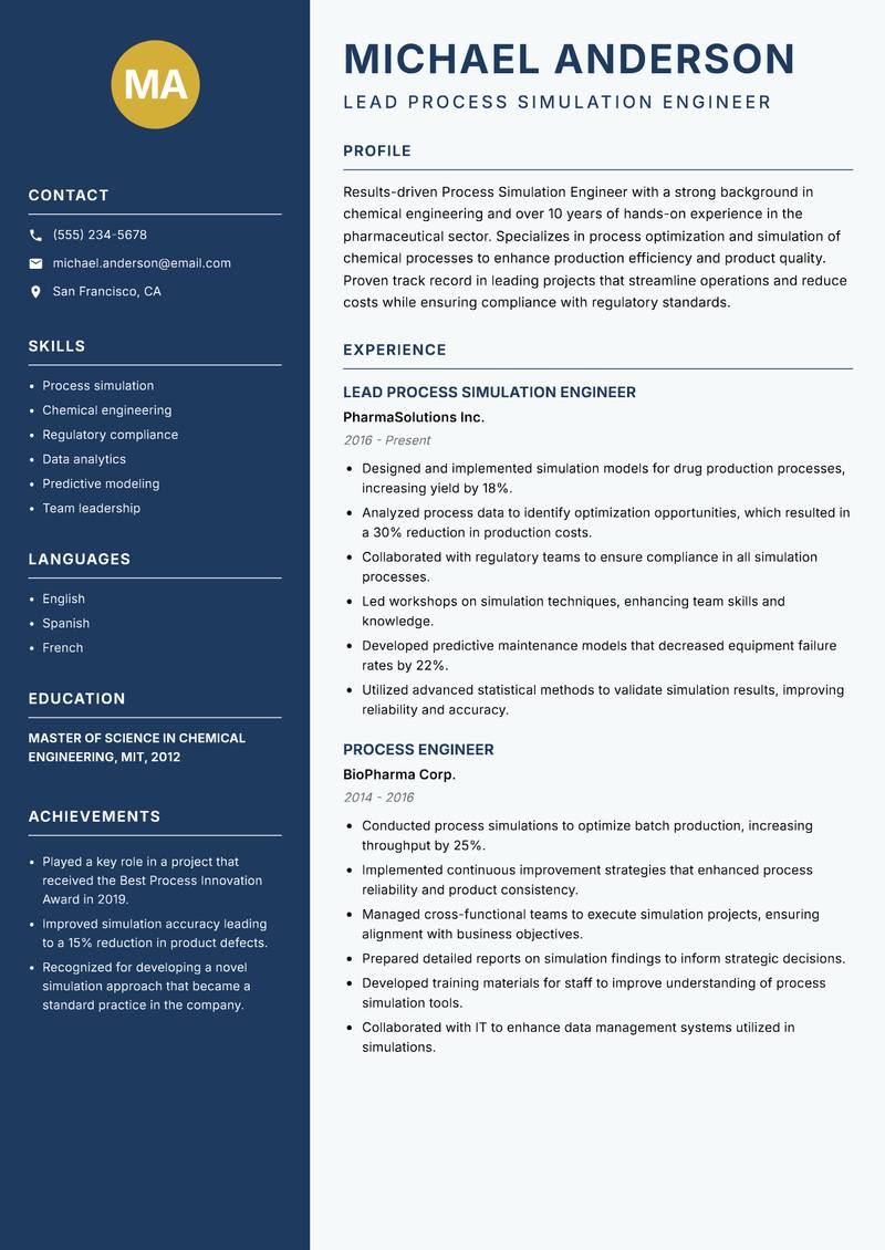 Process Simulation Engineer resume template — Classic Clean