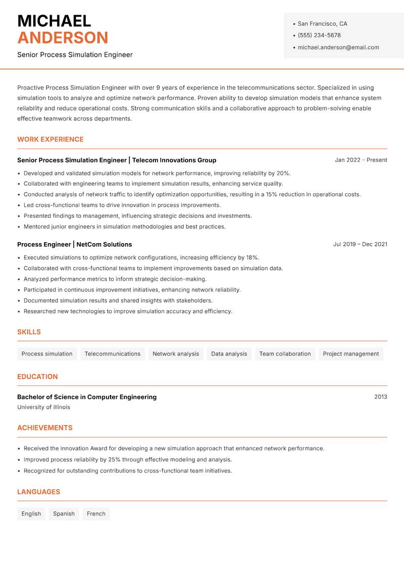 Process Simulation Engineer resume template — Modern Professional