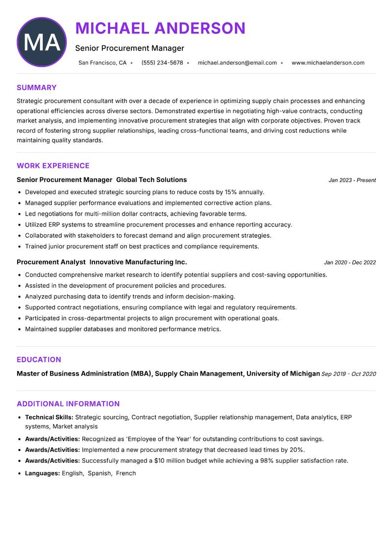 Procurement Consultant resume example — ATS-friendly template