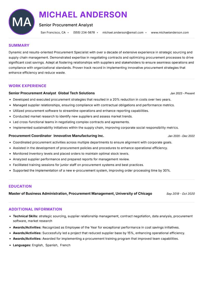 Procurement Specialist resume example — ATS-friendly template