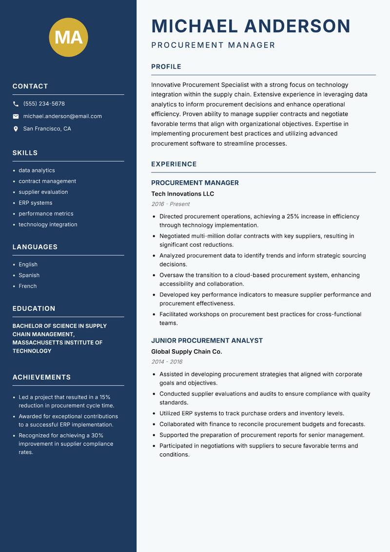 Procurement Specialist resume template — Classic Clean