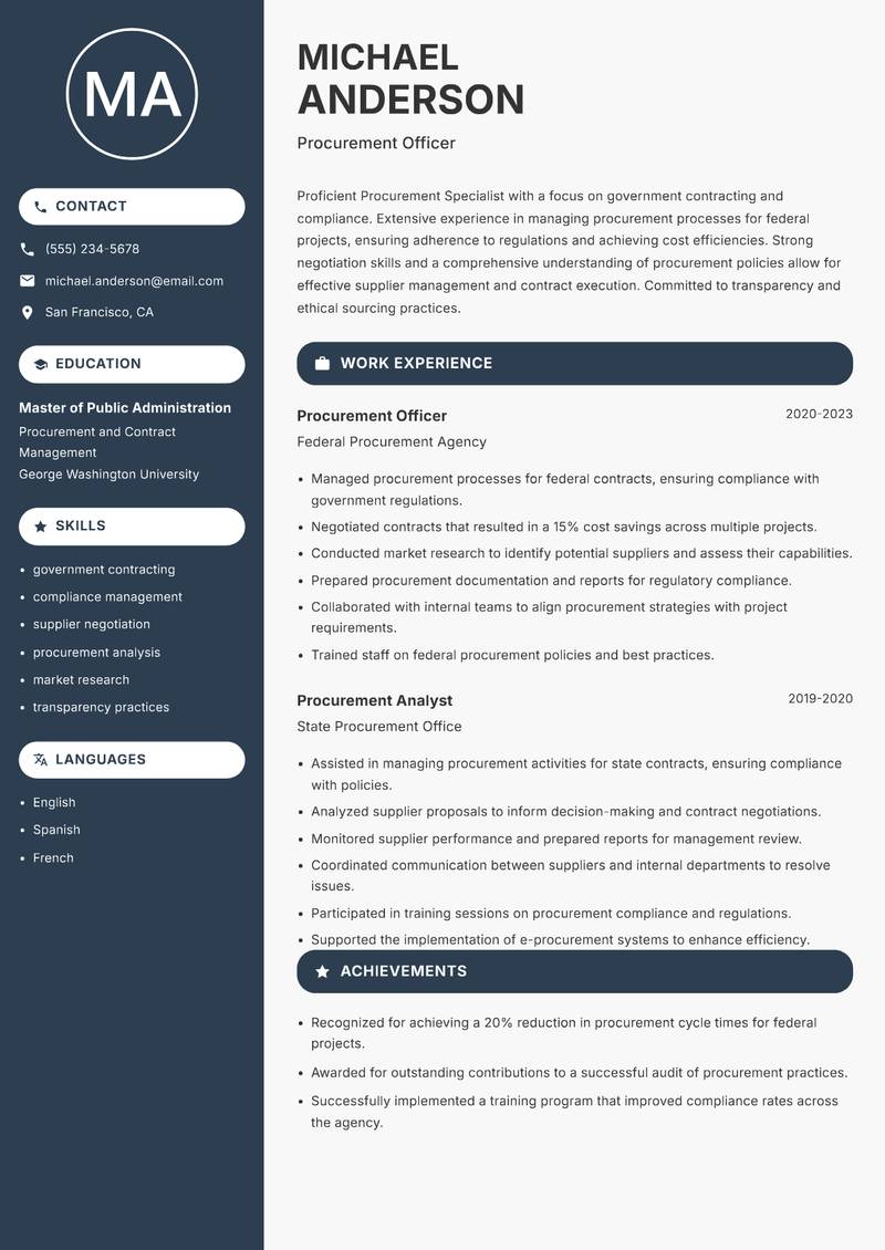 Procurement Specialist resume template — Compact