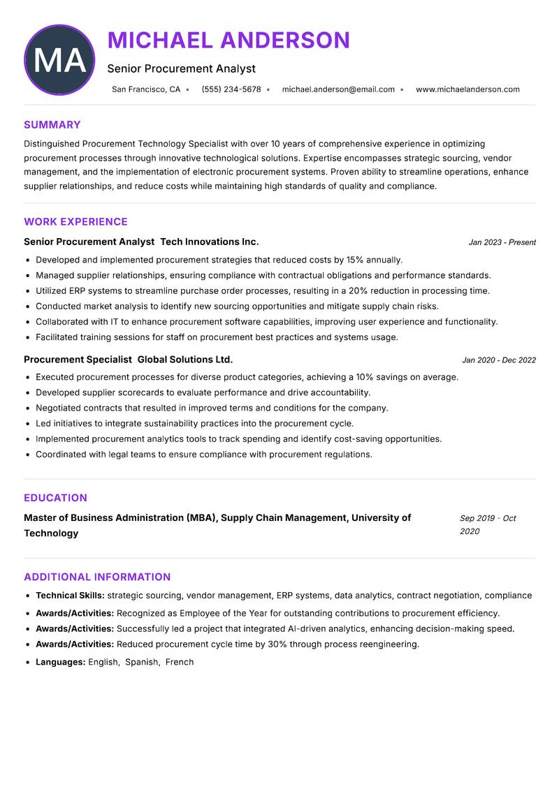 Procurement Technology Specialist resume example — ATS-friendly template