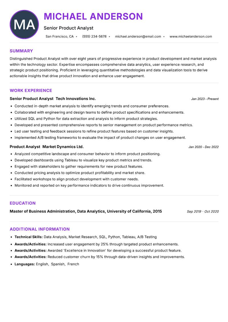 Product Analyst resume example — ATS-friendly template