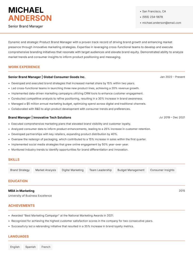 Product Brand Manager resume template — Modern Professional