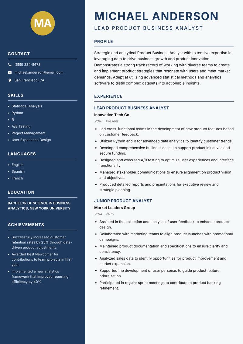 Product Business Analyst resume template — Classic Clean