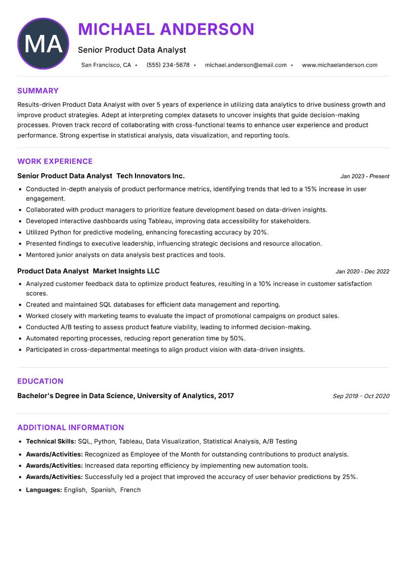 Product Data Analyst resume example — ATS-friendly template