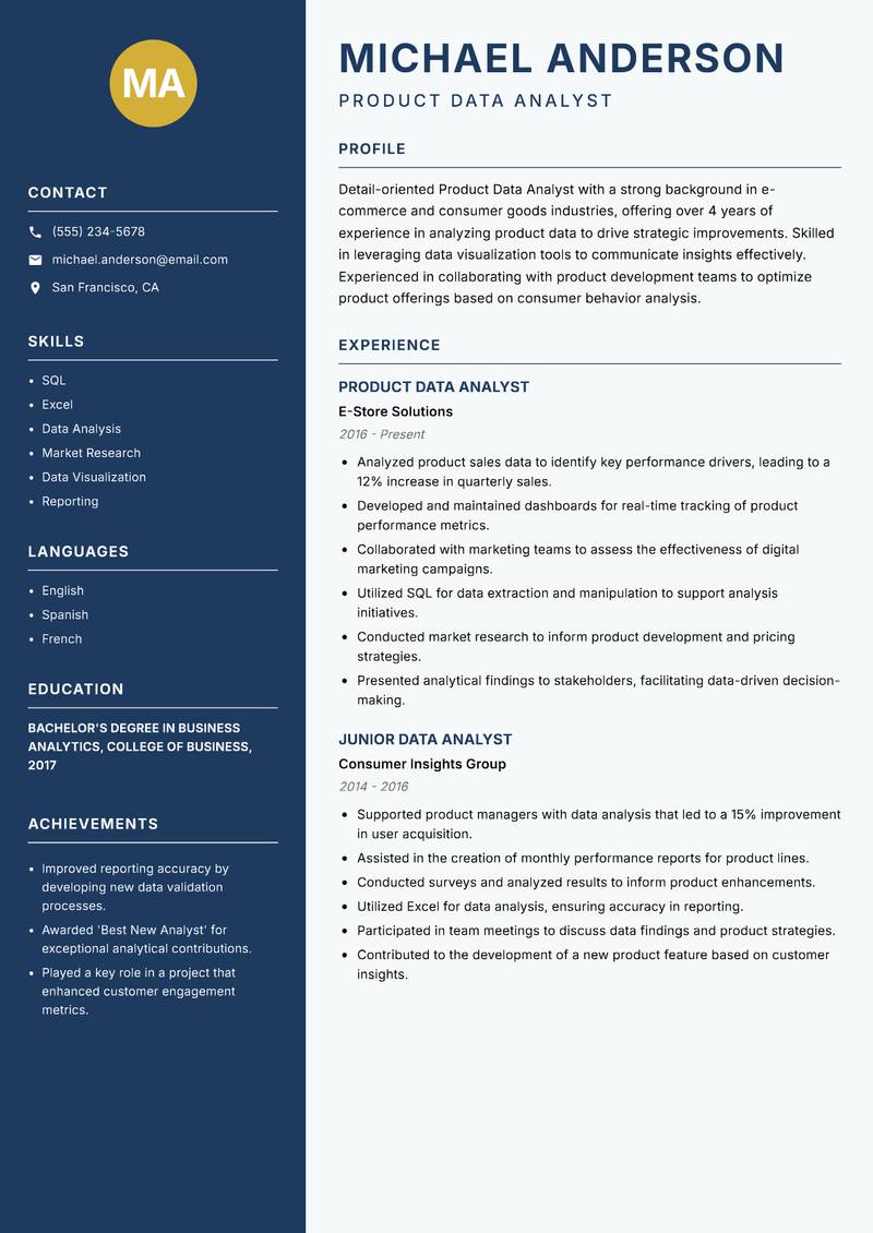 Product Data Analyst resume template — Classic Clean
