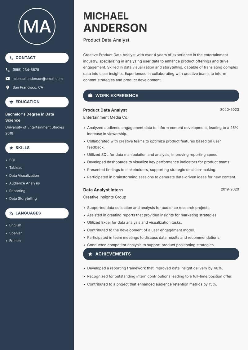 Product Data Analyst resume template — Compact