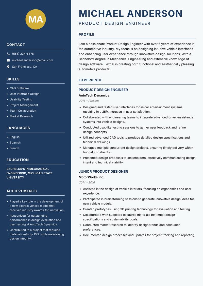 Product Design Engineer resume template — Classic Clean