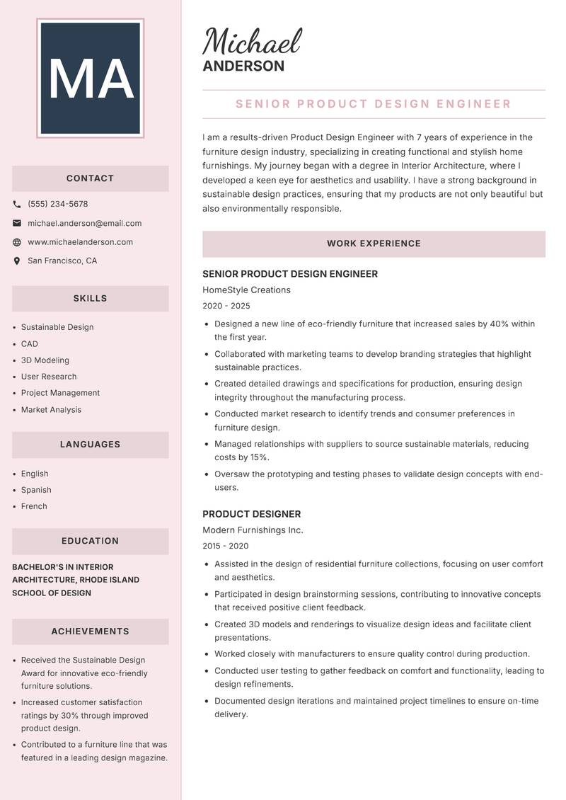 Product Design Engineer resume template — Executive