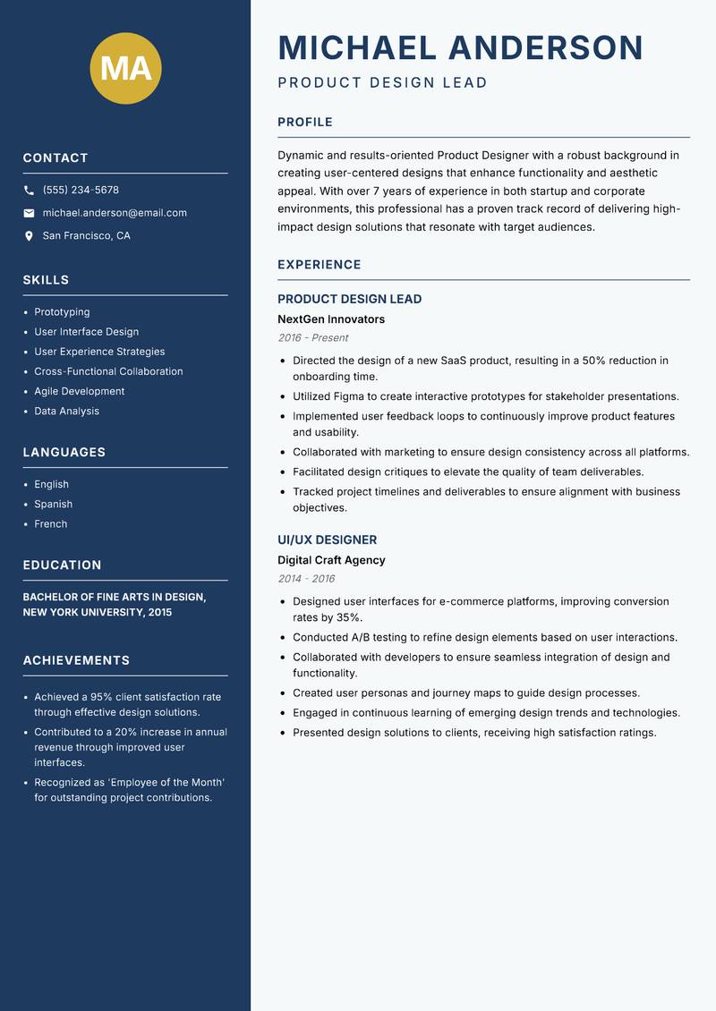 Product Designer resume template — Classic Clean